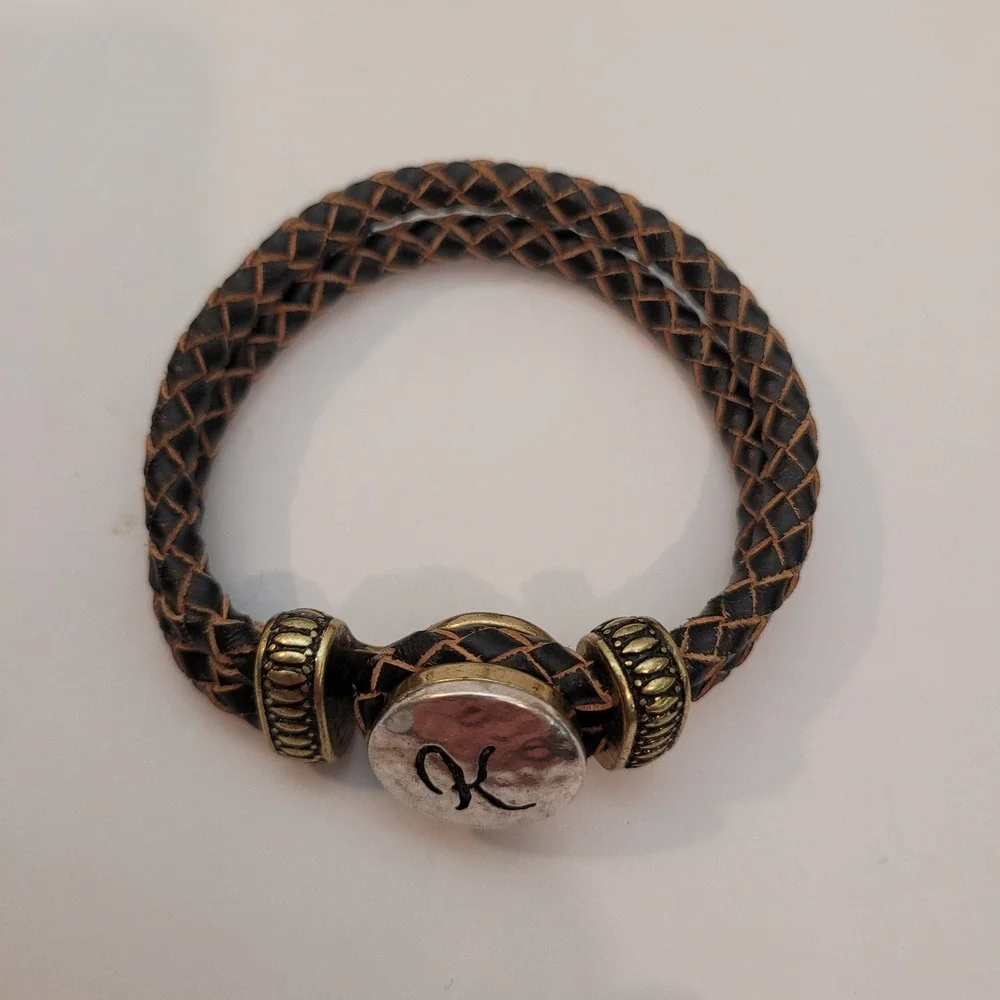 Ginger Snaps Braided Leather Bracelet Unisex Brown Initial K Snap Brass Tone Vtg